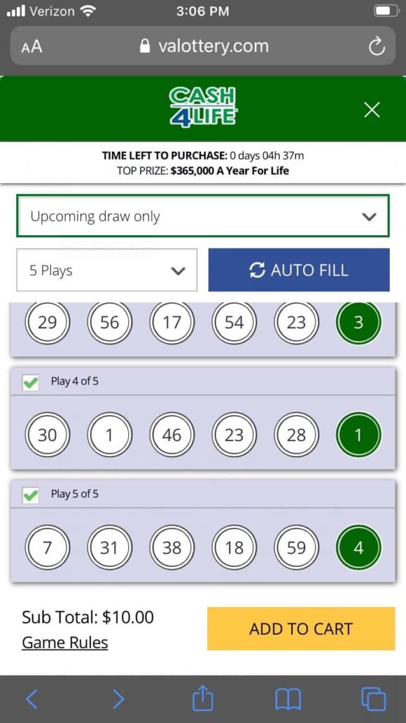 VA Lottery cash4life mobile