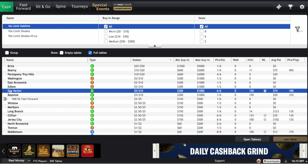 BetMGM Poker lobby view