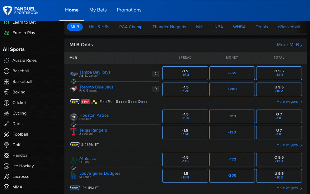 FanDuel Sportsbook lobby FanDuel Sportsbook lobby