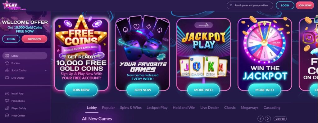 PlayFame Casino homepage