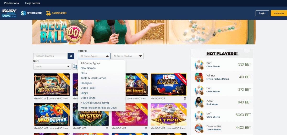 Rush Casino Games lobby Rush Casino Games Sorting Features