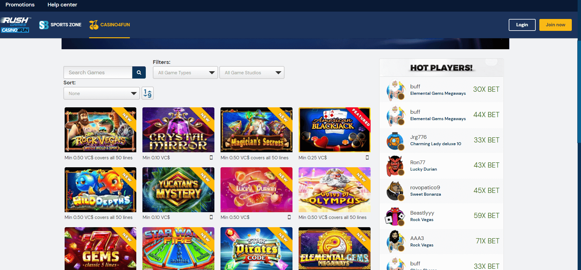 Rush Casino4Fun Lobby Rush Games Casino lobby screenshot