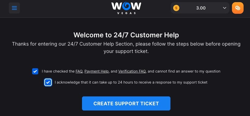 WOW Vegas customer support WOW Vegas support ticket
