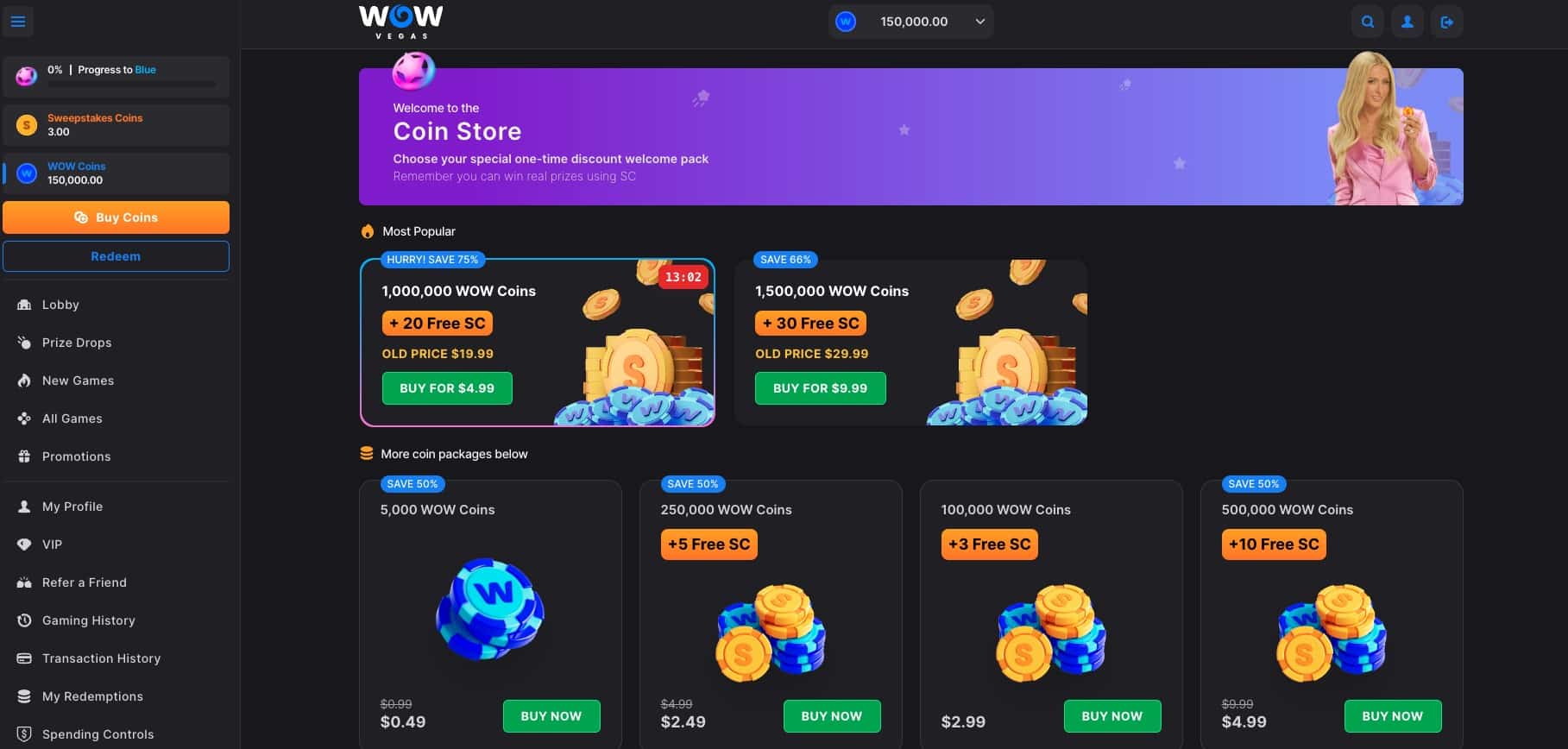 WOW Vegas purchase options WOW Vegas Coins Store