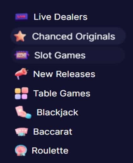 chanced casino games Chanced Casino games menu