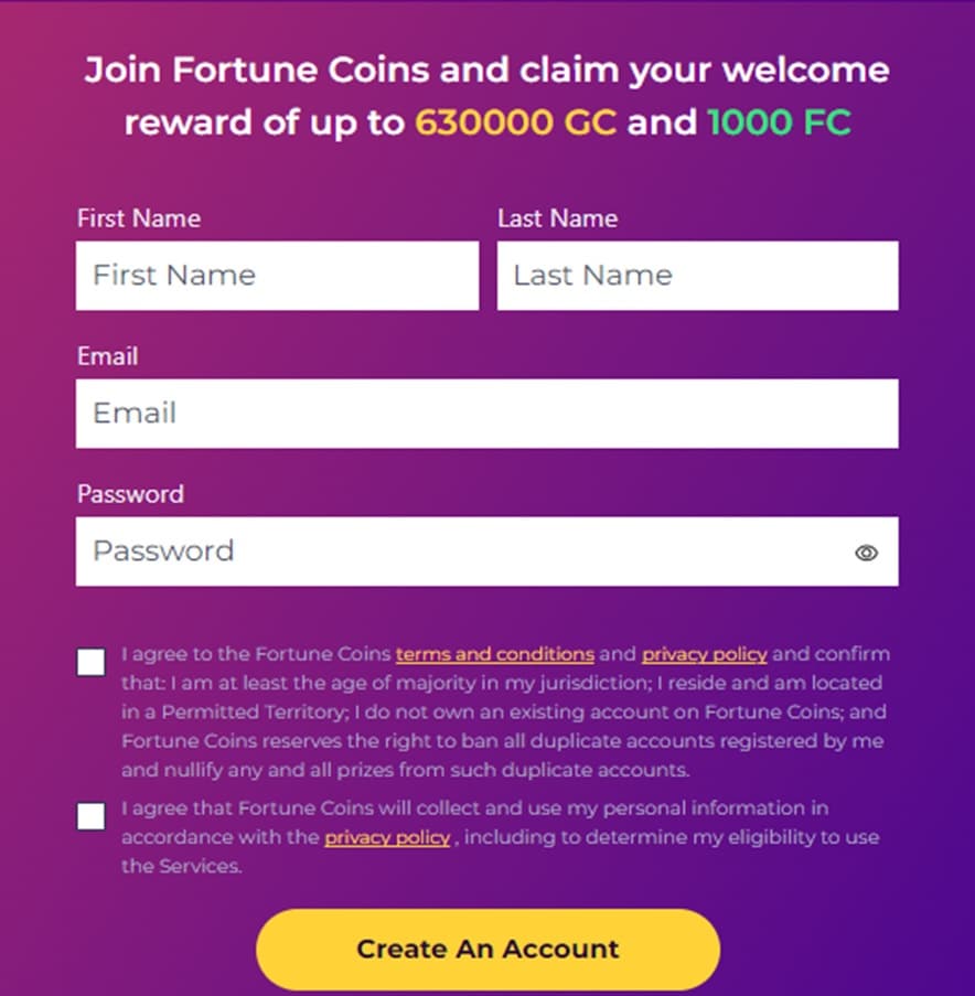 fortune coins registration Fortune Coins registration page