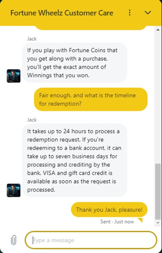 fortune wheelz support Support chat screenshot