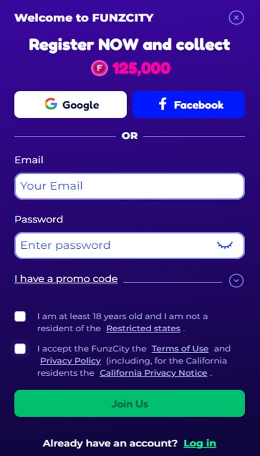 funzcity register FunzCity registration page