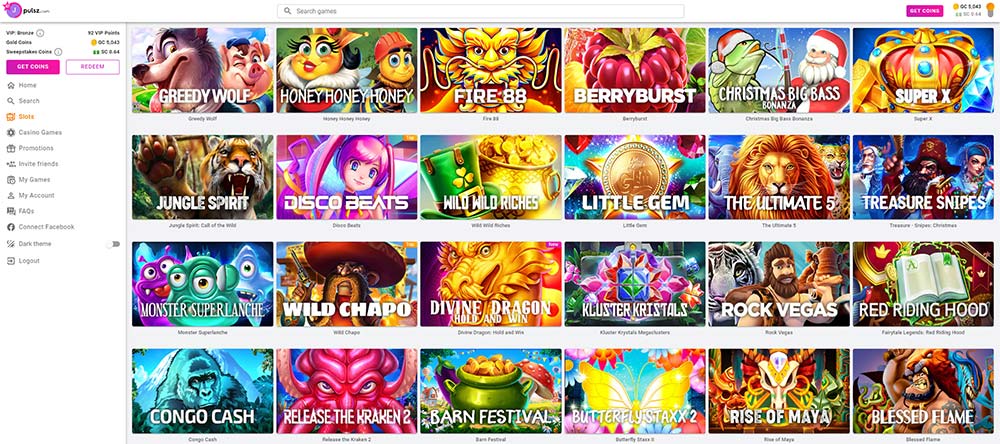 pulsz casino slots lobby