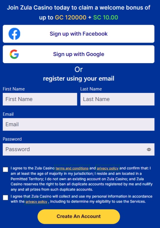 zula casino sign up form Zula Casino registration form