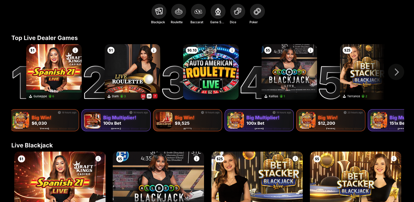 DraftKings live dealer games