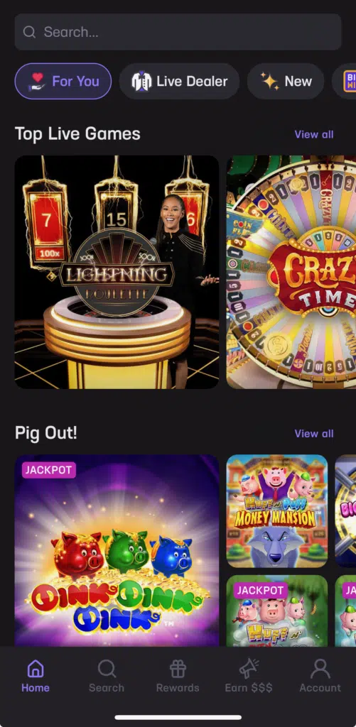Hard Rock Bet Casino app lobby