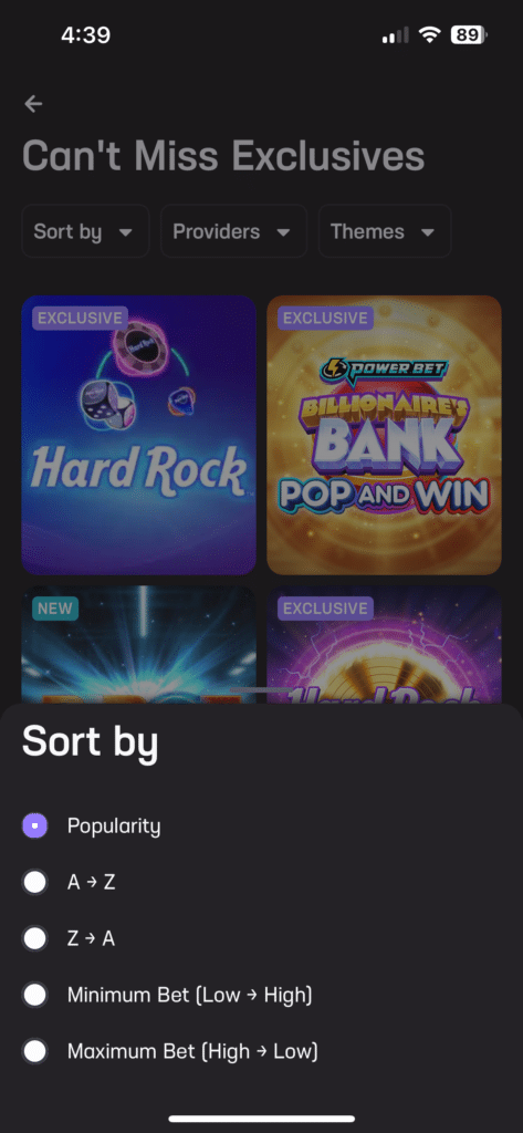 Hard Rock Bet Casino app sort